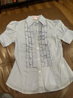 Blue & White Pinstripe Ruffle Front Button-Down Shirt